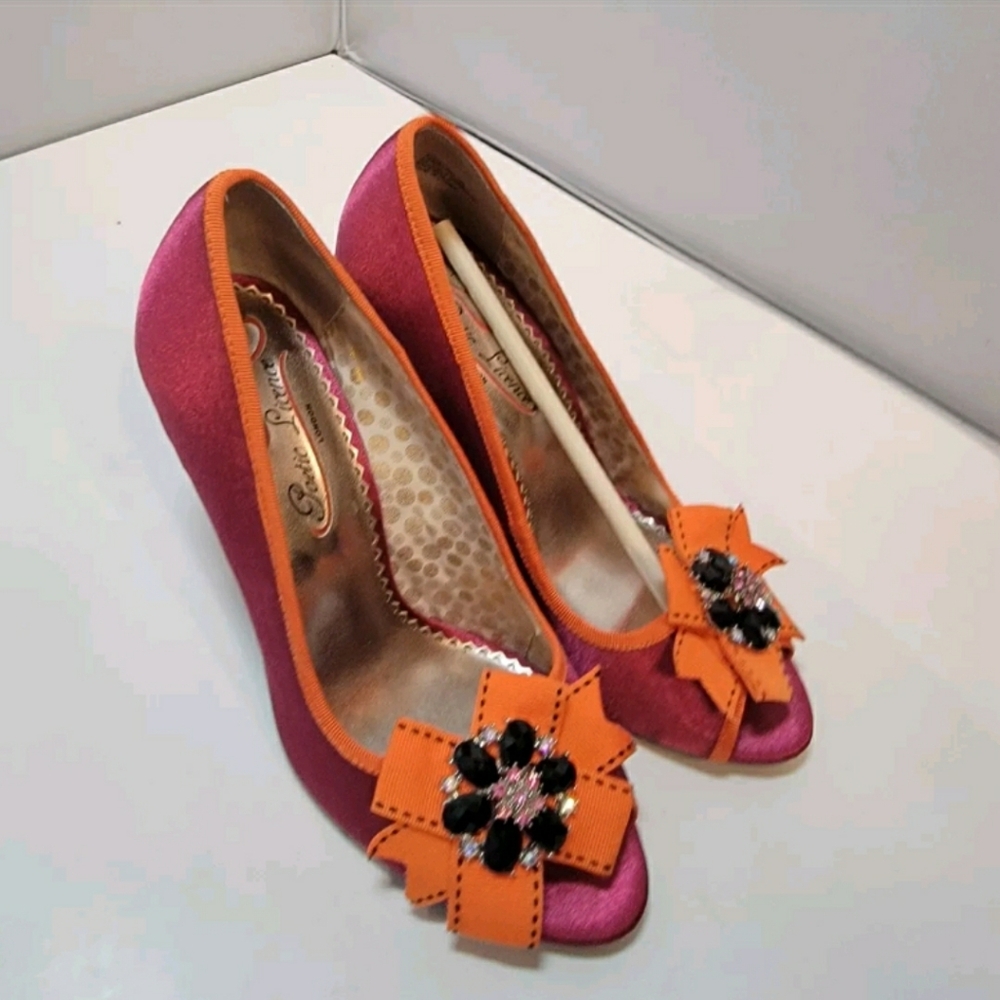 Poetic Licence Designer Fuchsia Pink Orange Fancy Bow Stiletto Pump Heels Size 7